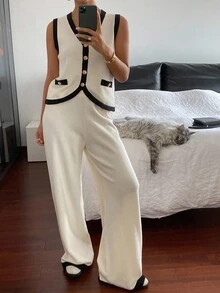 DAZY 女士休闲撞色无袖上衣和裤子两件套针织毛衣套装，秋季 - 米色 - 查看 3