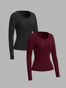 SHEIN EZwear Two-Piece Set Knitted Long Sleeve T-Shirt For Women, Suitable For Spring & Autumn - Multicolor - View 3
