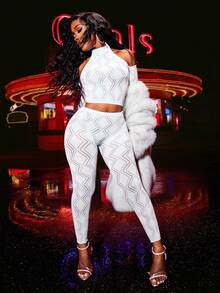 BamGleam Women's Sexy Hollow Out Halter Neck Mesh 2 Pieces Set