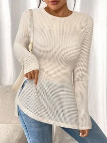 SHEIN Frenchy 女士纯色圆领常规肩长袖开衩华夫格休闲百搭T恤 冬季 - 杏色 - 查看 3