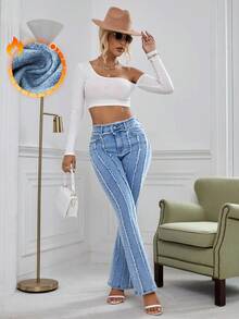 SHEIN Essnce 女士时尚休闲磨边喇叭牛仔裤 - 中等水洗藍 - 查看 3