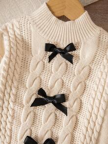 SHEIN Toddler Girls' Colorblock Bow Decor Turtleneck Long Sleeve Sweater Fall Winter - Khaki - View 3
