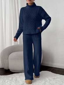 EURMUSE 2pcs Set: Cable Knit Turtleneck Long Sleeve Top And Solid Color Pants - Navy Blue - View 4