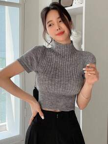 DAZY Mock Neck Crop Ribbed Knit Top - Grey - View 2