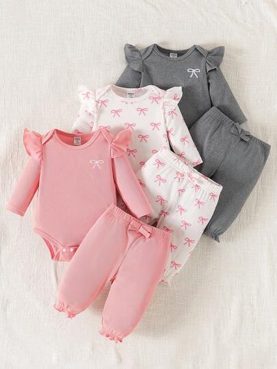 SHEIN Infant/Baby Girl Cap Sleeve Heart Embroidery Bow Romper & Pants Set, Comfortable & Cute Casual Outfit Fall Winter