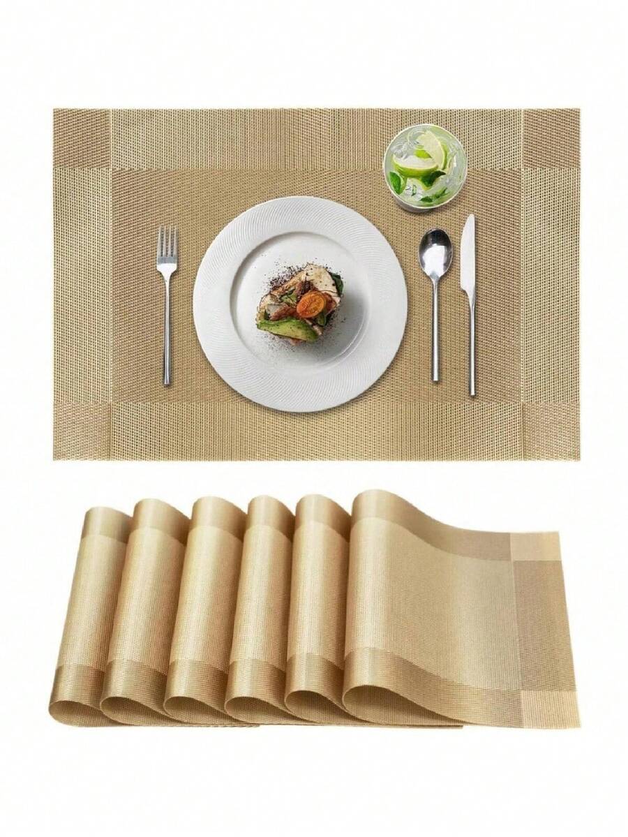 SHEIN 4/6/10 套装餐垫,厨房餐桌垫,耐热,防滑,防污,可水洗 PVC 桌垫,易于清洁编织乙烯基桌垫,金色、咖啡色、灰色 - 彩色 - 查看 1