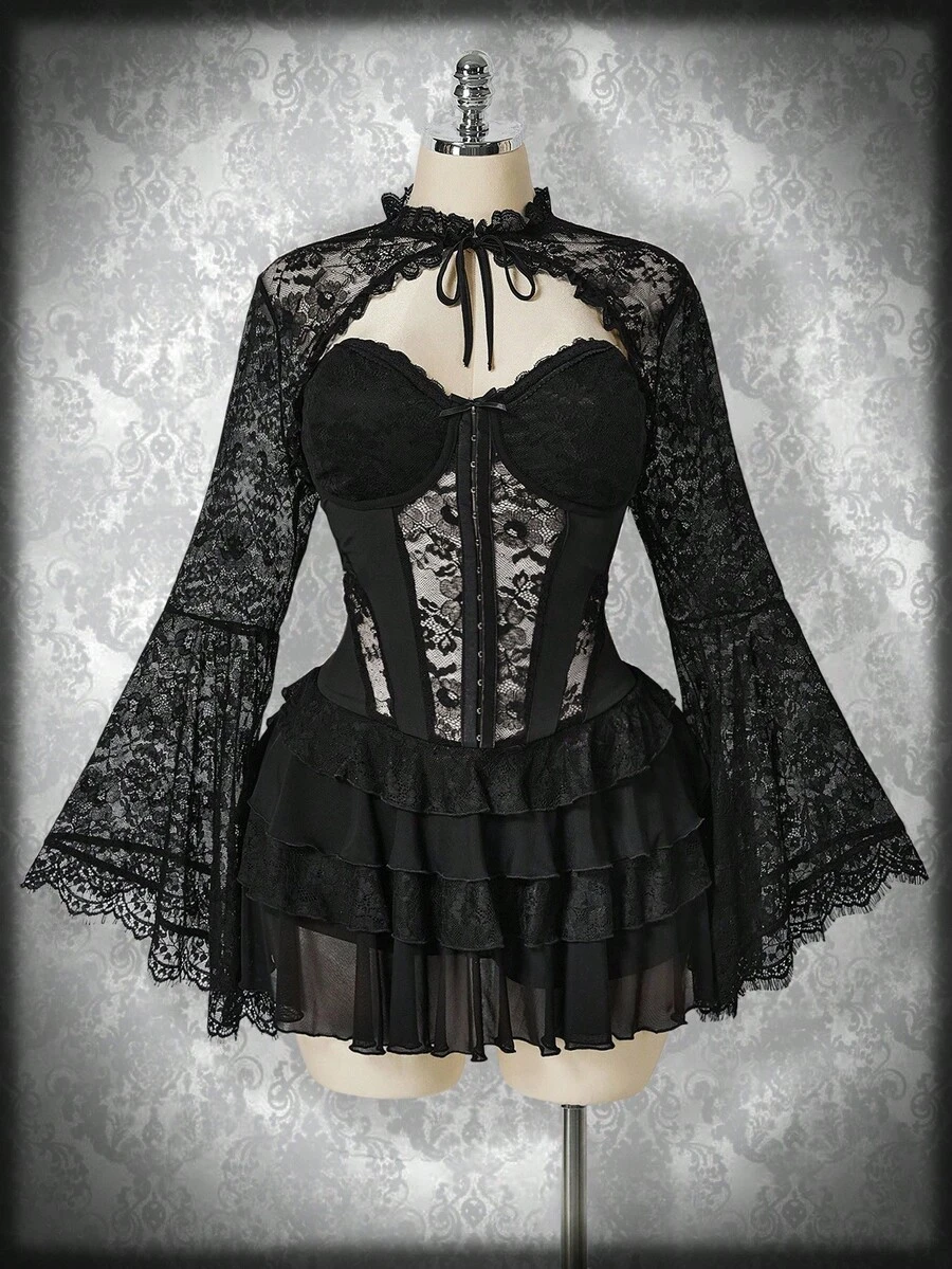 SHEIN ICON Váy ngắn xếp tầng ren corset cỡ lớn màu đen, áo ren tay loe thắt nơ phía trước, bộ đồ hai mảnh phong cách cổ điển Y2K, trang phục Halloween - màu đen - Xem 1