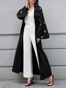 Al Najma Áo choàng Abaya Ả Rập dài rộng rãi có họa tiết bướm dành cho nữ - màu đen - Xem 5