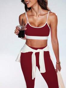 SHEIN Sovereign Charm 女式撞色拼布吊带背心和紧身裤运动套装 - 彩色 - 查看 8