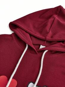 HELLO KITTY AND FRIENDS | SHEIN Women Casual Cartoon & Slogan Print Oversized Drop Shoulder Ruffle Hem Drawstring Hooded Long Dress, Spring/Autumn - Burgundy - View 3