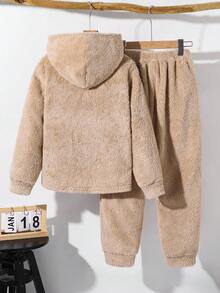 SHEIN Bộ 2 áo nỉ có mũ trùm đầu bằng vải nỉ mỏng thoải mái hàng ngày cho trẻ em/bé trai, quần jogger dáng rộng thoải mái, dày dặn ấm áp - Màu be - Xem 2