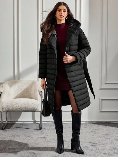 EURMUSE Women's Hooded Longline Puffer Thick Pockets Belted Buttoned Winter Coat