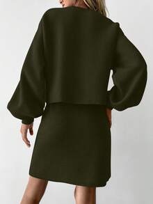 EURMUSE Women's Casual Solid Color Sweater And Knitted Skirt 2 Pieces Set - Army Green - View 2
