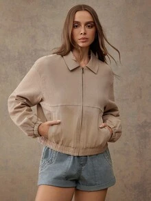 WESTFADE 弹力斜纹翻领拉链长袖宽松外套，适合秋季、冬季、纳什维尔乡村音乐会、休闲、可爱、波西米亚风、西部风格等场合，女士款 - 杏色 - 查看 5