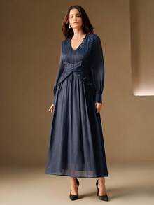 Anewsta Vestido largo con adornos florales elegantes, adecuado para citas, vacaciones, otoño/invierno