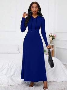EMERY ROSE Women's Hooded Drawstring Pocketed Dress Maxi Women Outfit - Dark Wash - View 4
