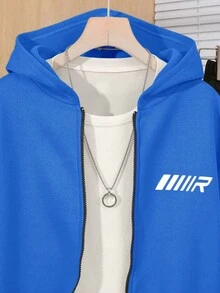 SHEIN 男童蓝色连帽卫衣搭配黑色宽松字母印花长裤两件套休闲套装，适合户外、运动、上学、冬季穿着，也可作为冬季服装、秋季服装、儿童服装，蓝色上衣，黑色裤子，冬季外套 - 寶藍色 - 查看 6
