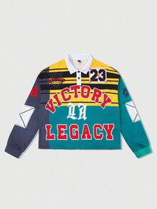 ROMWE MEN Spring Casual Graphic Men'S Prep Letter & Stripe Print Long Sleeve Casual Polo Neck Sweatshirt, Fall - Multicolor - View 3