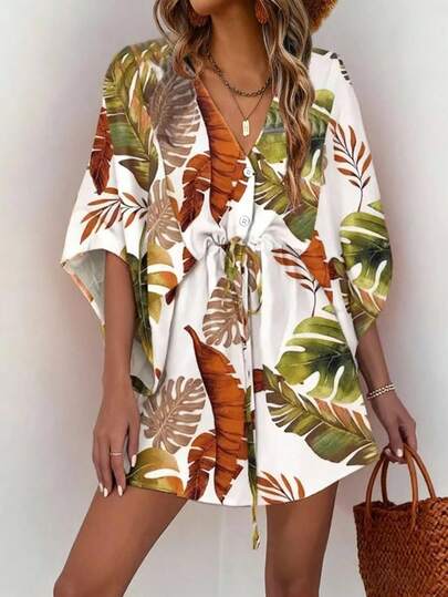 SHEIN LUNE 女士夏季假日風格寬鬆蝙蝠袖連衣裙，印有熱帶植物圖案