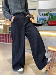 DAZY Women's Casual Straight-Leg Long Jeans With Thermal Lining, Retro Korean Style, Winter - Dark Wash - View 3