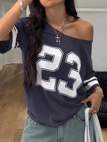 Coolane 女士春夏街头服饰新年外出复古露肩数码图案撞色条纹红色T恤 - 藏蓝色 - 查看 1