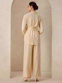 Graceveil 2pcs Set: Tie-Up Waist Shirt & Flowy Pants, Lightweight Casual Outfit For Summer & Autumn - Khaki - View 2