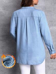 EMERY ROSE Plus Size Casual Commuter Notched Neck Denim Blouse - Blue - View 2