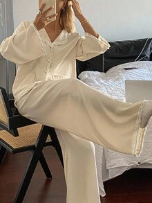 Livesso Women's Spring Satin Lace Ruffle Trim Sleepwear Pajama Set, Fall Winter Clothes Pajama