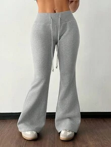 SHEIN PETITE 休闲低腰抽绳腰弹力运动裤喇叭裤运动裤保暖内衬复合绒适合秋冬季 - 淺灰色 - 查看 7