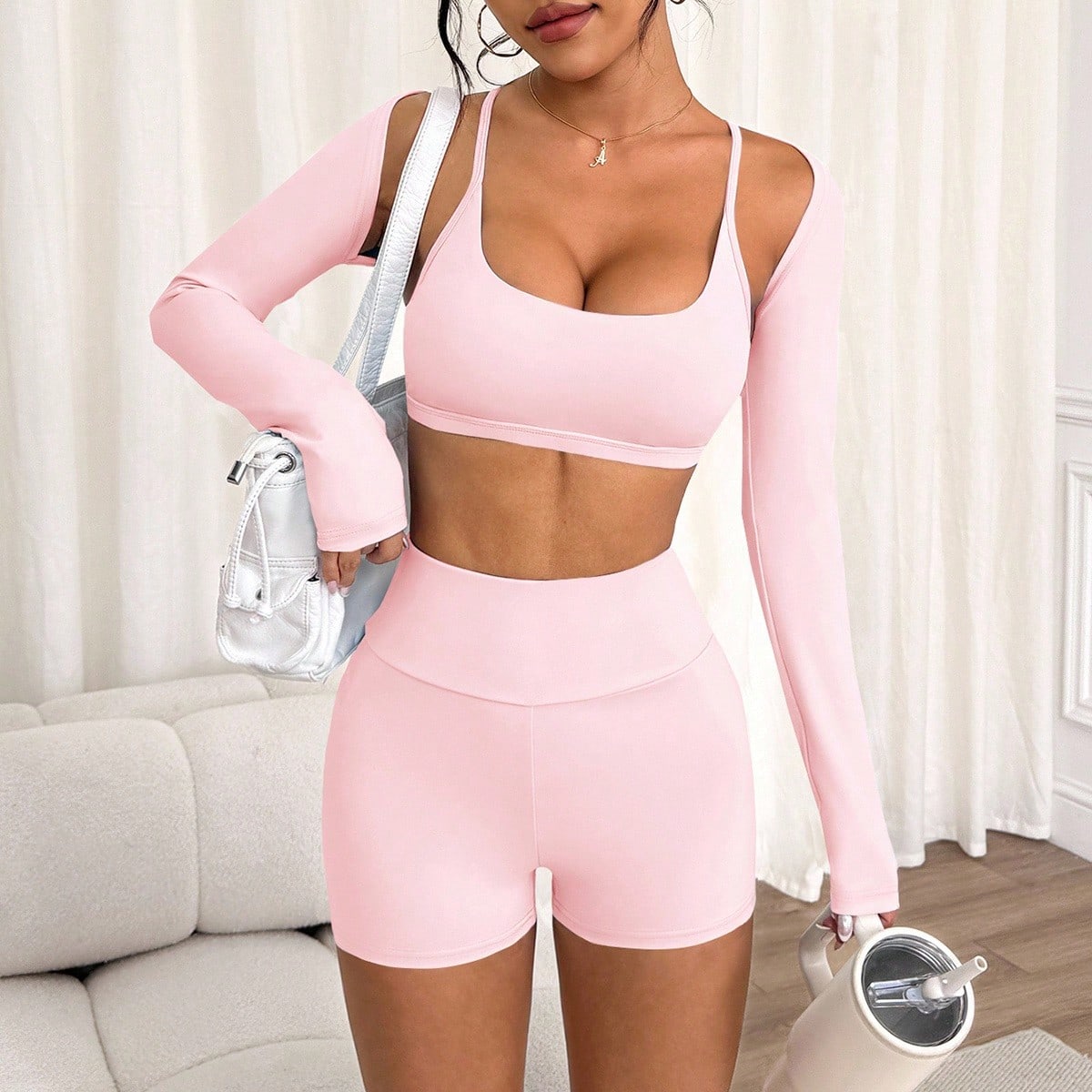 Conjunto de 3 piezas de ropa deportiva para mujer con chaqueta corta casual de manga ultra corta, body con diseño de espalda cruzada de tirantes fino