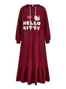 HELLO KITTY AND FRIENDS | SHEIN Women Casual Cartoon & Slogan Print Oversized Drop Shoulder Ruffle Hem Drawstring Hooded Long Dress, Spring/Autumn - Burgundy - View 1