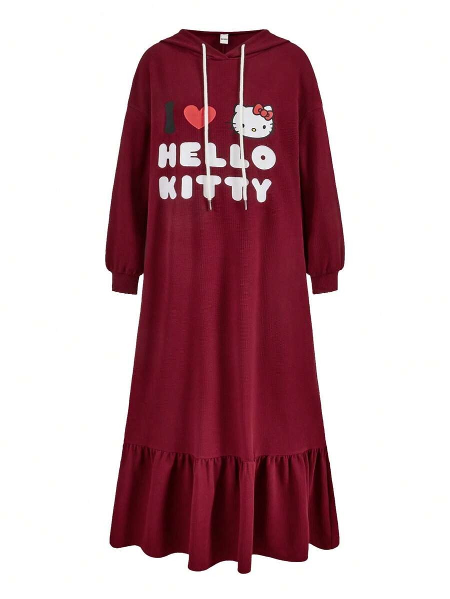 HELLO KITTY AND FRIENDS | SHEIN Women Casual Cartoon & Slogan Print Oversized Drop Shoulder Ruffle Hem Drawstring Hooded Long Dress, Spring/Autumn - Burgundy - View 1