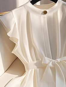 Franclia Women's Elegant Plain Color Collared Double-Placket Ruffle Sleeve Belted Casual Blouse - White - View 4
