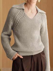 Uhlyne Uhlyne Women's Grey Pullover Sweater,Elegant Raglan Long Sleeve Loose Knit Top,Casual Solid Color Minimalist Autumn Work Clothes For Daily Commute,Winter - Khaki - View 7