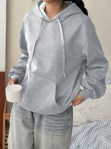 SHEIN EZwear Sudadera con capucha holgada y gruesa para mujer con cordón y bolsillos, color gris , adecuada para otoño/invierno - Gris Claro - Ver 3
