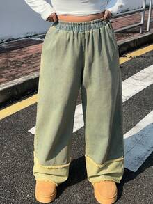 Dazy Plus Jeans vintage lavé bleu, jambes larges et amples, ourlet retroussé, taille élastique, grande taille, pour toutes les saisons