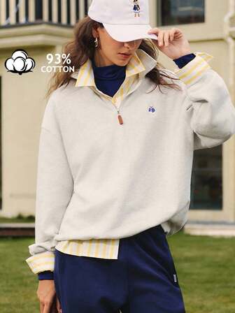 Briarwyn Fall And Winter Clothes Old Money Style Women's Cartoon Dog Zipper Half-Placket Dropped Shoulder Long Sleeve Casual Loose Sweatshirt,Back To School,Tracksuit