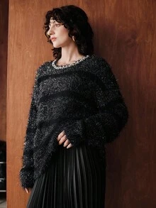 Uhlyne Minimalist Round Neck Long Sleeve Elegant Casual Knit Sweater, Handcrafted Beaded Details, Women Pullover, Suitable For Parties And Banquets, Autumn/Winter, Halloween Theme - Black - View 3