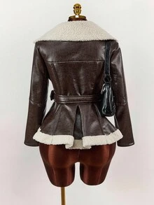 Amplova Women's Casual Fashion Street Chic Teddy Thermal Lined Lapel Zip-Up Belted PU Leather Jacket, Faux Fur Coat, Autumn/Winter