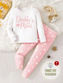 1set Baby Girls' Snug Fit Pajamas, English Heart Print, Long Sleeve Top And Pants, Spring/Autumn Fall Winter - White - View 3