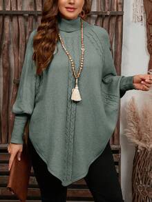 EMERY ROSE Suéter elegante de mujer de unicolor, de cuello alto con botones, estilo capa de manga larga tipo murciélago, de punto, para otoño/invierno - Verde Oliva - Ver 3