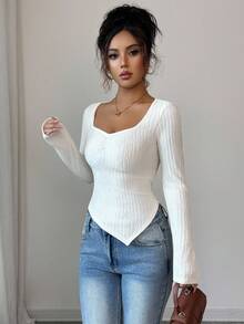 Elenzga Women's Casual Solid Color Asymmetric Hem Knit Sweater T-Shirt, Autumn/Winter - Apricot - View 4