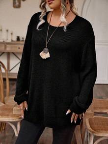 EMERY ROSE Plus Size Women Solid Color Round Neck Drop Shoulder Long Sleeve Casual Loose Pullover Sweater, Autumn - Black - View 6