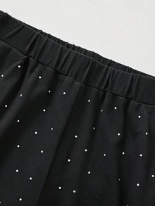 SHEIN LUNE 女士时尚休闲宽松水钻装饰阔腿裤 - 黑色 - 查看 6