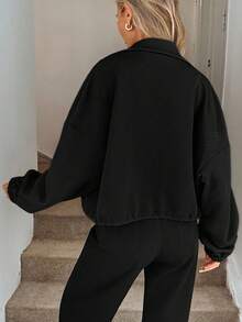 Easowa Áo sweatshirt ngắn tay nữ mùa thu cổ đứng, có khóa kéo, chất liệu vải kaki sần, có túi. Áo sweatshirt có khóa kéo dành cho nữ. - màu đen - Xem 2