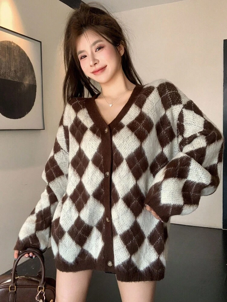 DAZY Cardigan long décontracté et ample pour femmes, motif à carreaux et à diamants, couleurs contrastées, convient pour l'automne et l'hiver - Tabac - Voir 5