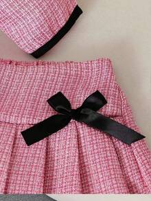 Elladie kids Young Girls 2pcs Set: Plaid Print Long Sleeve Jacket With Pearl Buttons & Bow Decor, Paired With Pink Pleated Skirt, Suitable For Party, Birthday, Princess Style, Spring/Autumn Girls 2 Piece Skirt Set 2 Piece Skirt Set For Girl Kids Two Piece Jacket With Skirt Skirt Suit For Kids Pink Tweed Skirt Set Fall Winter - Pink - View 6