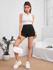 SHEIN PETITE Shorts unicolor con cremallera lateral de pierna recta - Negro - Ver 3
