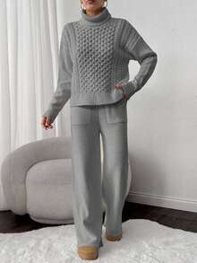 EURMUSE 2pcs Set: Cable Knit Turtleneck Long Sleeve Top And Solid Color Pants - Light Grey - View 4