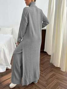 EURMUSE Conjunto de vestido de suéter largo con detalle de abertura y pantalones de suéter de punto acanalado de unicolor para mujer - Gris Claro - Ver 7